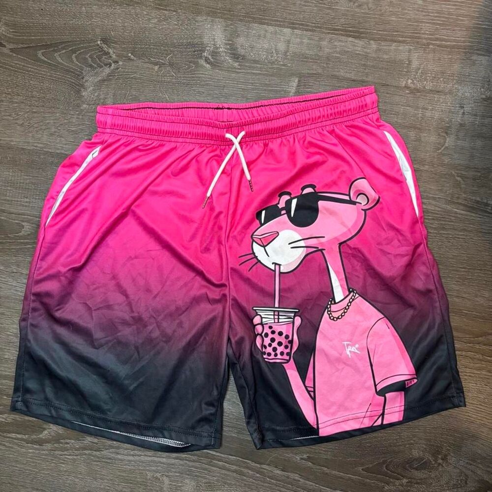 Men’s Pink Panther Bubble Tea Graphic Swim Trunks Board Shorts y2k - Size Large